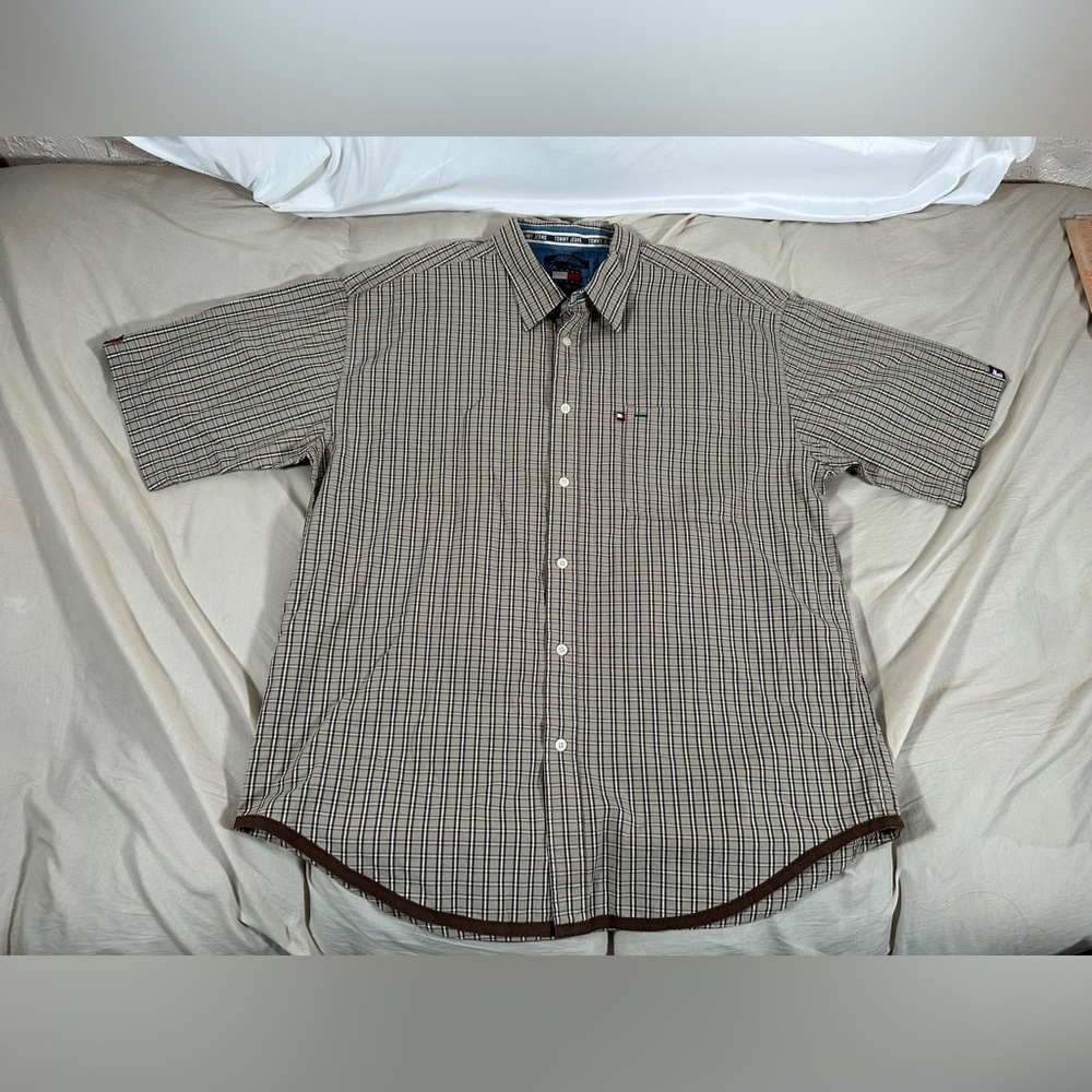 Tommy Hilfiger Y2K Retro Brown Checkered Button Down XXL Skater Boxy Fit